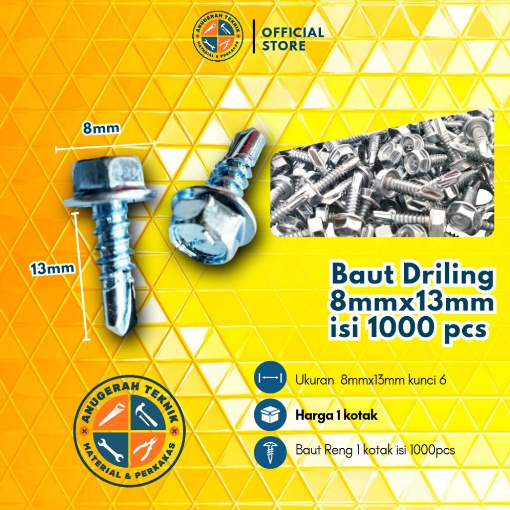 Baut Baja Ringan drilling Roofing atap Galvalum 8mmx13mm 1000 pcs baut baja ringan 8x13 1000 pcs BAU