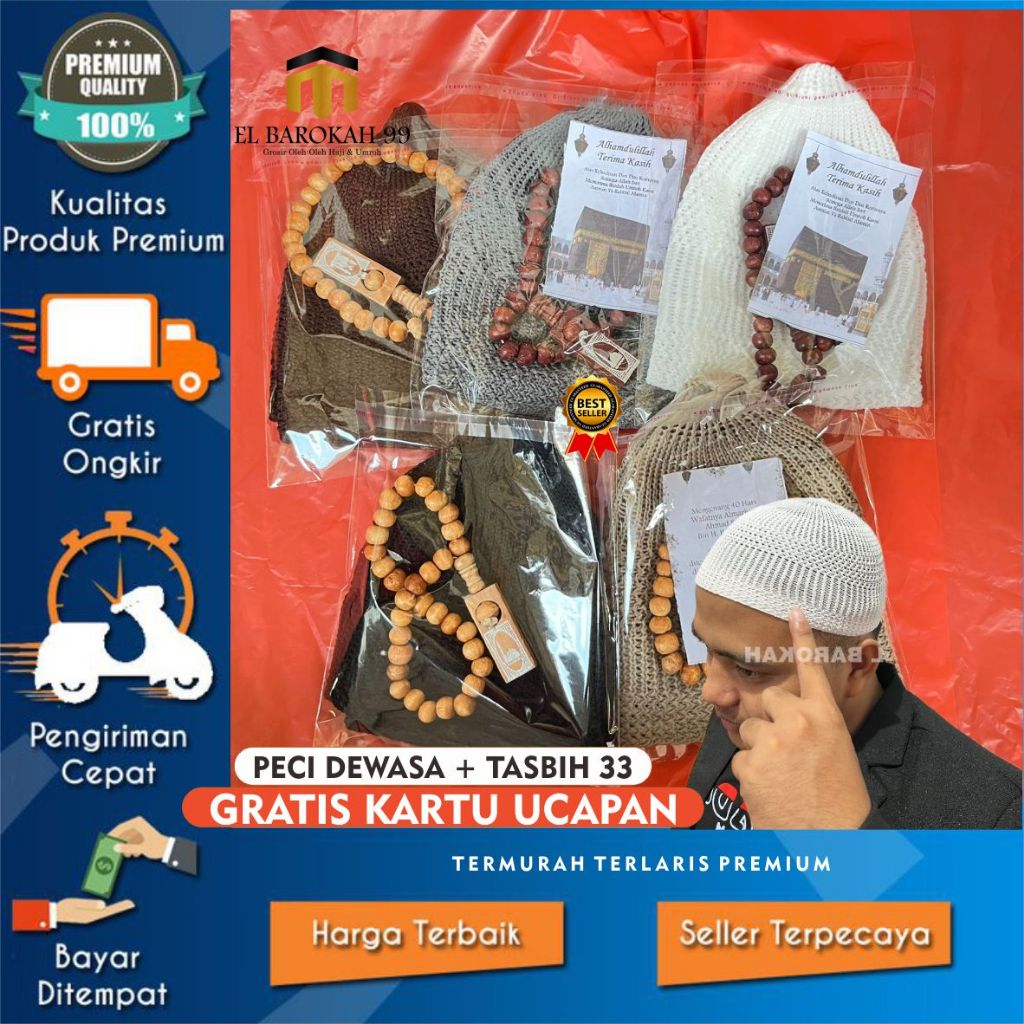 ELBAROKAH99 (Paket) Peci lobe dewasa polos dengan tasbih kayu souvenir haji
