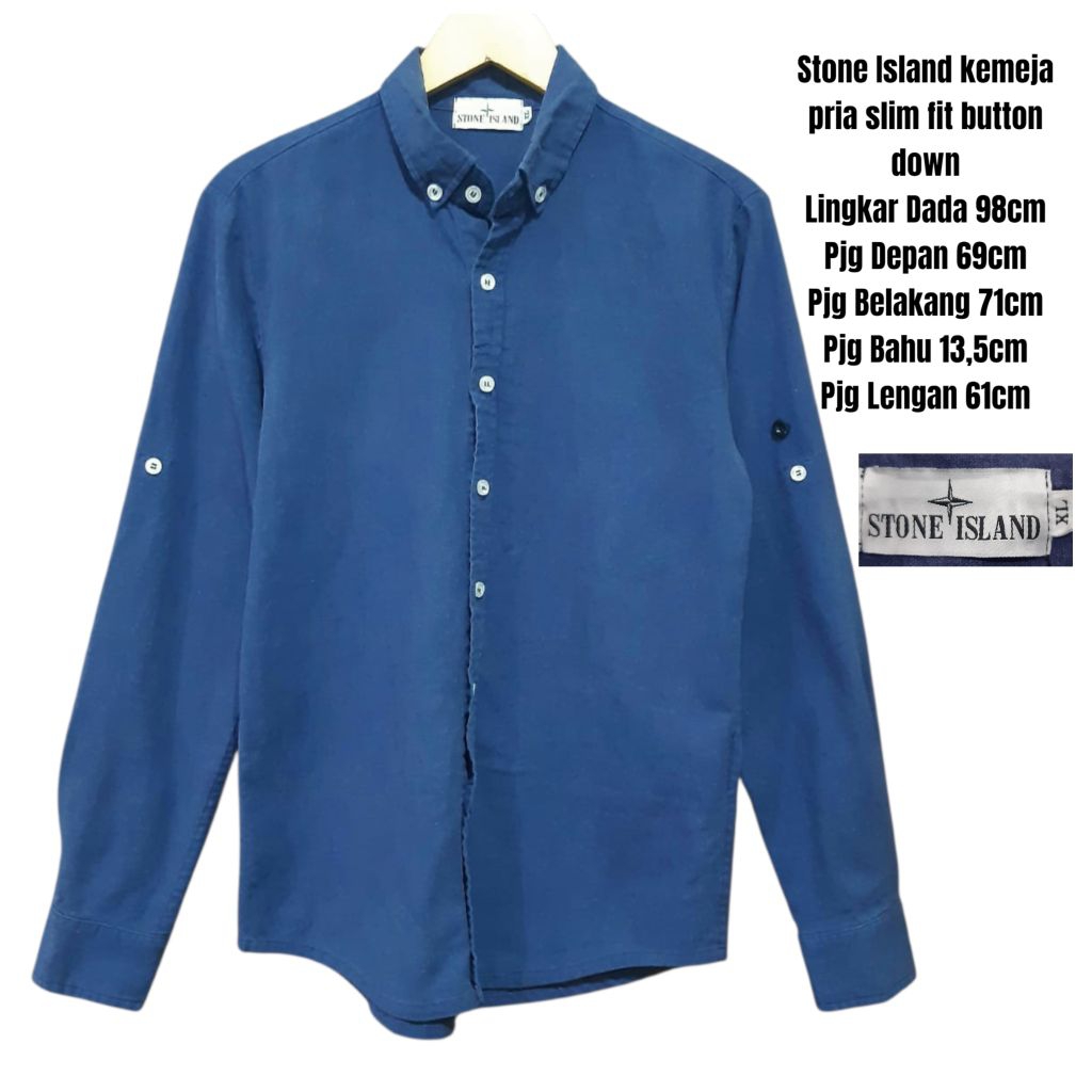 Stone Island kemeja pria slim fit button down