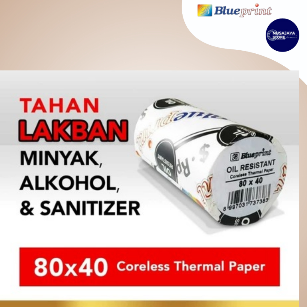 Thermal Oil Resistant BLUEPRINT Kertas Struk TAHAN LAKBAN 80x40 mm