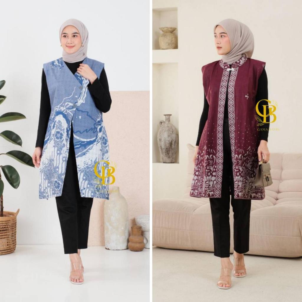Long Cardi Batik Wanita Modern.Outer Nyaman Tanpa Lengan.Bahan Katun