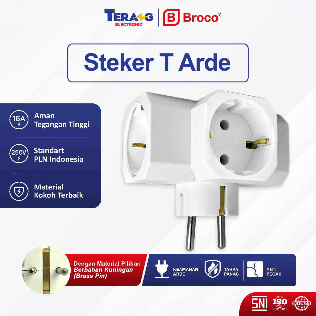 Steker T Arde Broco Original 16A – 250V | Brass Pin Kuningan, Aman Anti Panas & Konslet