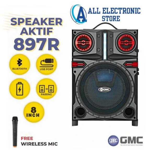 GMC Speaker Aktif 897R Bluetooth Portable 8 Inch dengan Mic Wireless Gratis & Port USB untuk Kualita