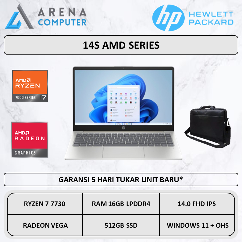 HP 14s Ryzen 7 7730 16GB 512GB W11+OHS 14inch FHD IPS Garansi Resmi
