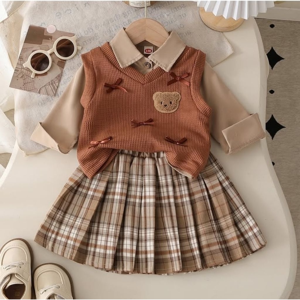 littleflamingo Setelan baju + outer vest + rok anak perempuan