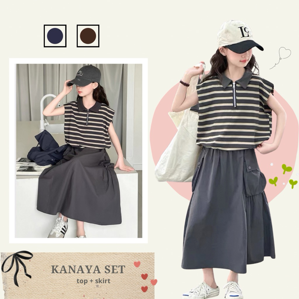 Setelan Anak Perempuan Kanaya Set | Atasan Knit Stripe + Rok A-Line | Baju Anak Cewek 5–14 Tahun