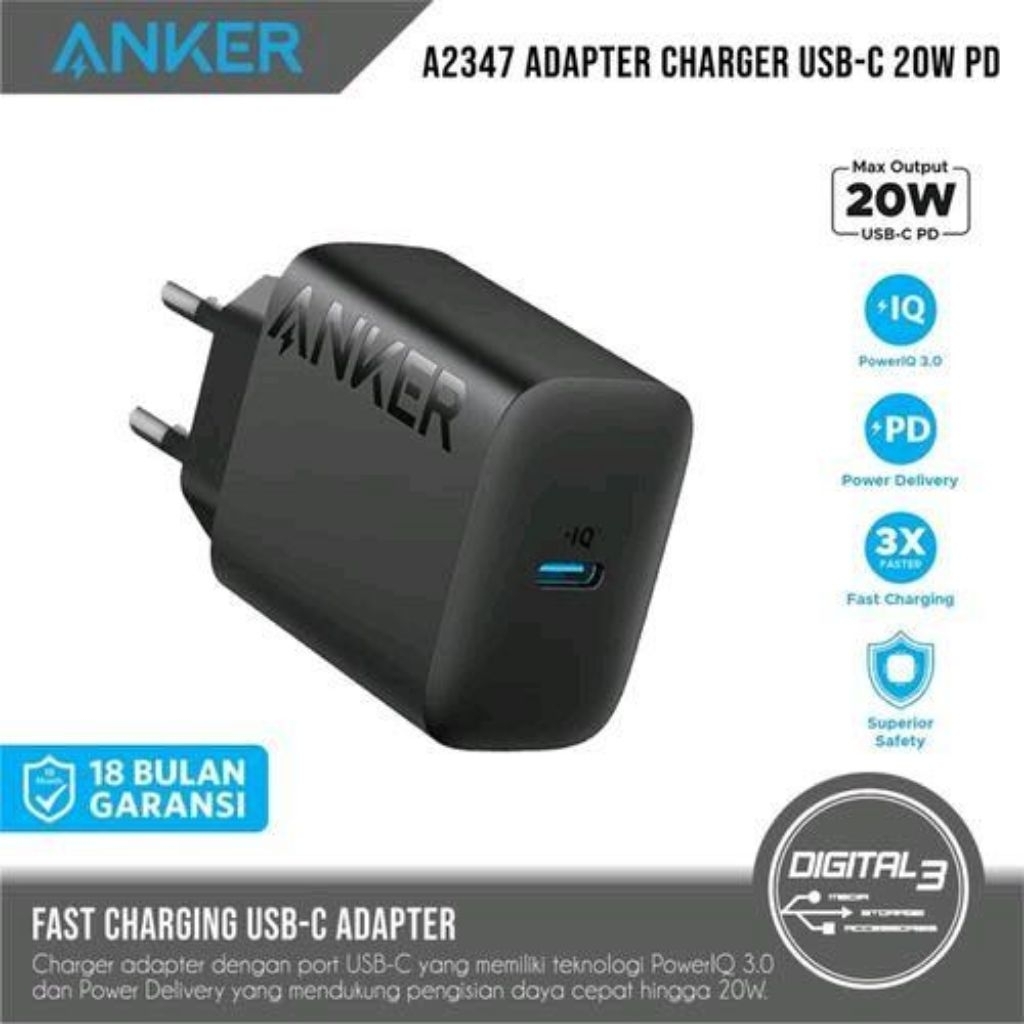 ANKER Adapter Charger 20W Type-C Fast Charging Original Resmi 100%