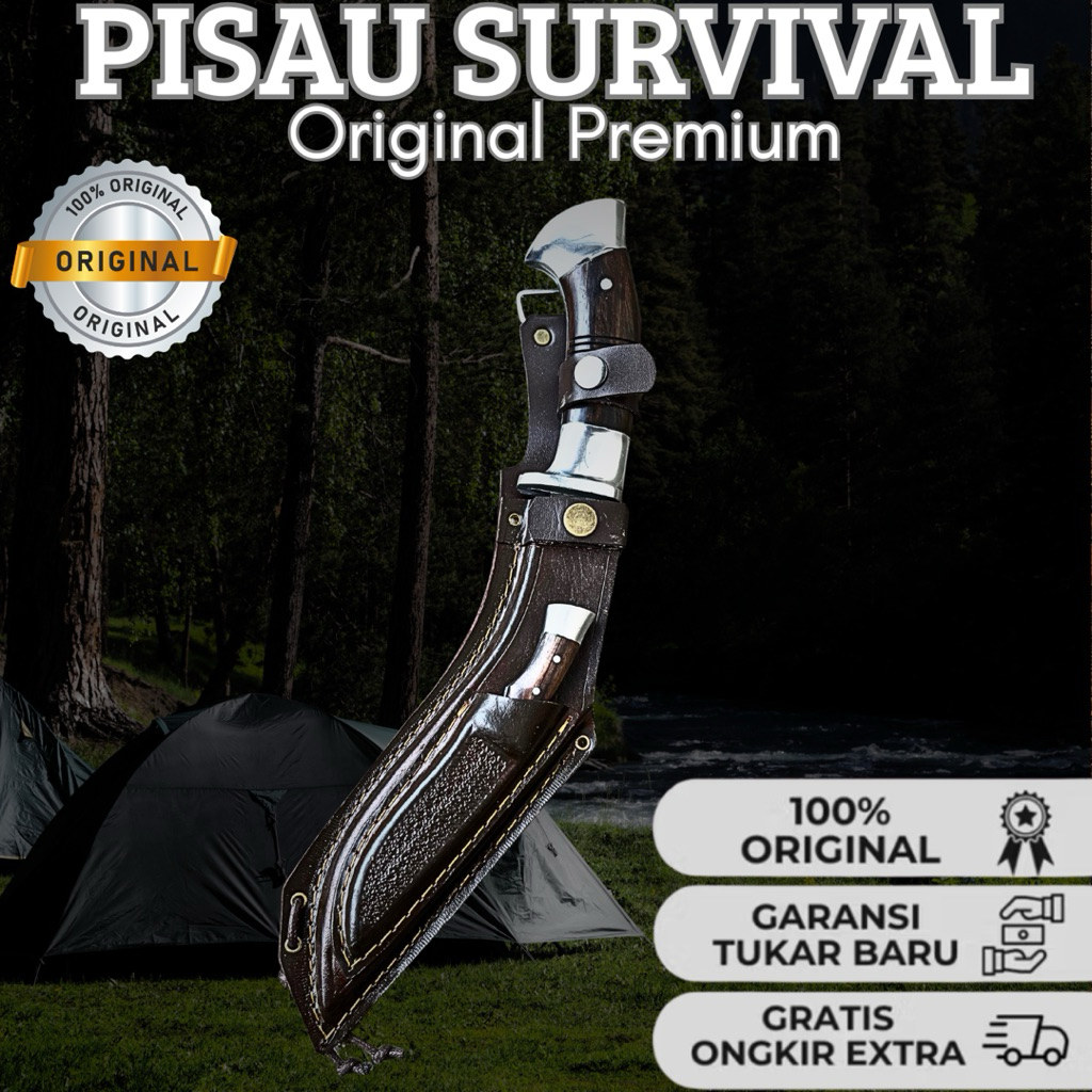 Pisau Kukri Survival Outdoors | Bilah Baja Per Premium Fulltang + Sarung Kulit | Gagang Sonokeling |