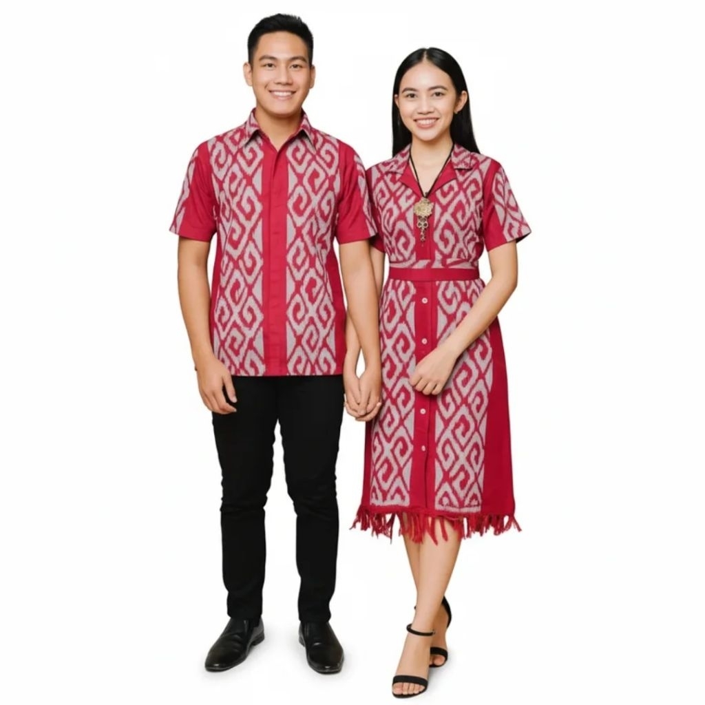 COUPLE DRESS TENUN ETNIK TORAJA MERAH - BAJU NATAL PASANGAN TENUN - DRESS TENUN TROSO NATAL - DRESS 