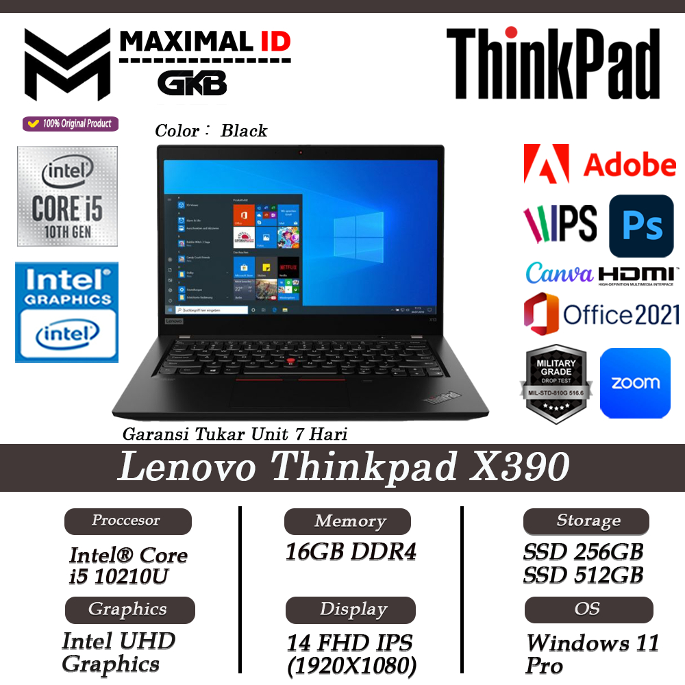 Laptop Murah Lenovo Thinkpad X390 Core I5 Gen 10th 16GB 256GB 13.3 Windows11 Pro Original
