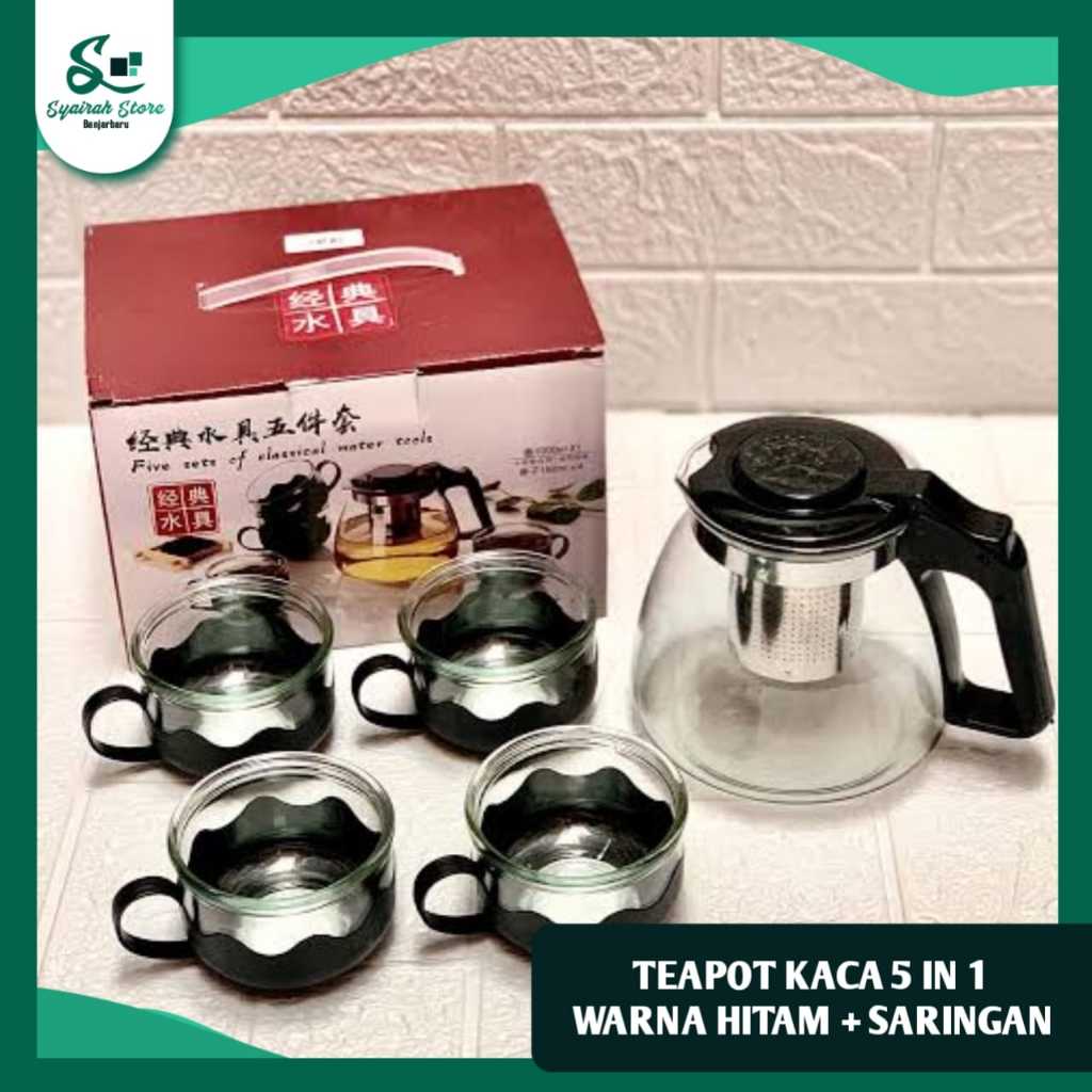 Tea Pot Kaca Set 5in1 – Teko + Gelas 5pcs, Warna Cantik & Estetik / Teapot Kaca + Saringan