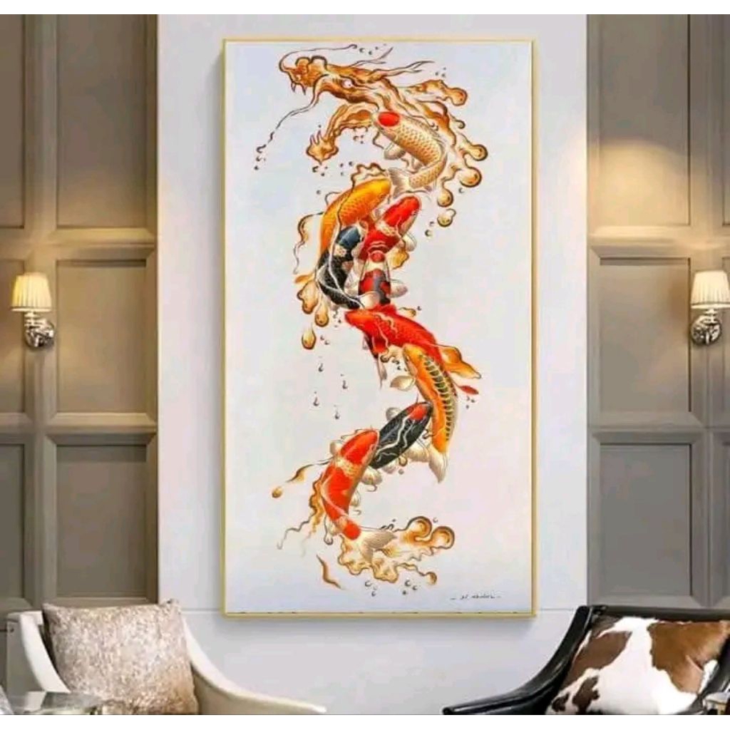 lukisan dinding ikan koi naga original handmade dekorasi rumah