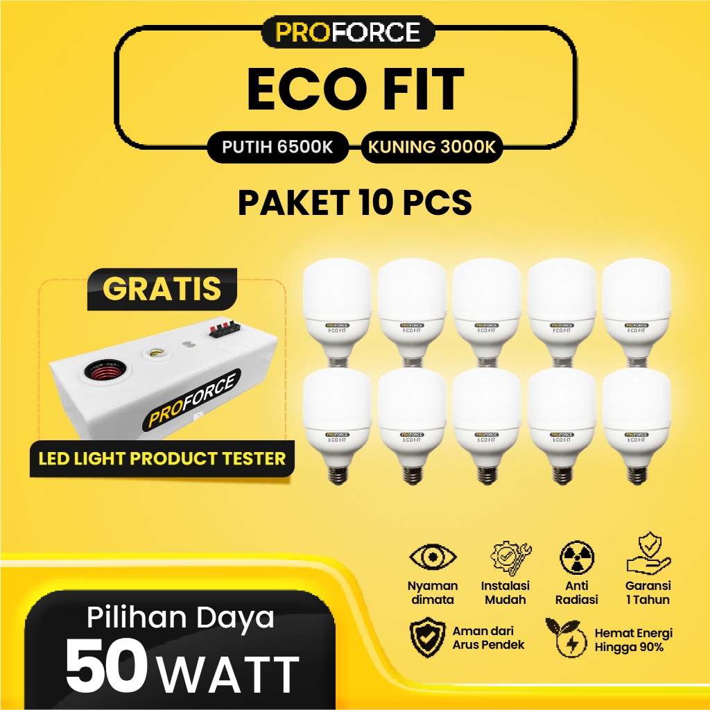 Proforce Indonesia Lampu Bohlam LED Rumah 50 Watt 5000 Lumen Paket 10 Pcs Eco Fit Harga Grosir Termu