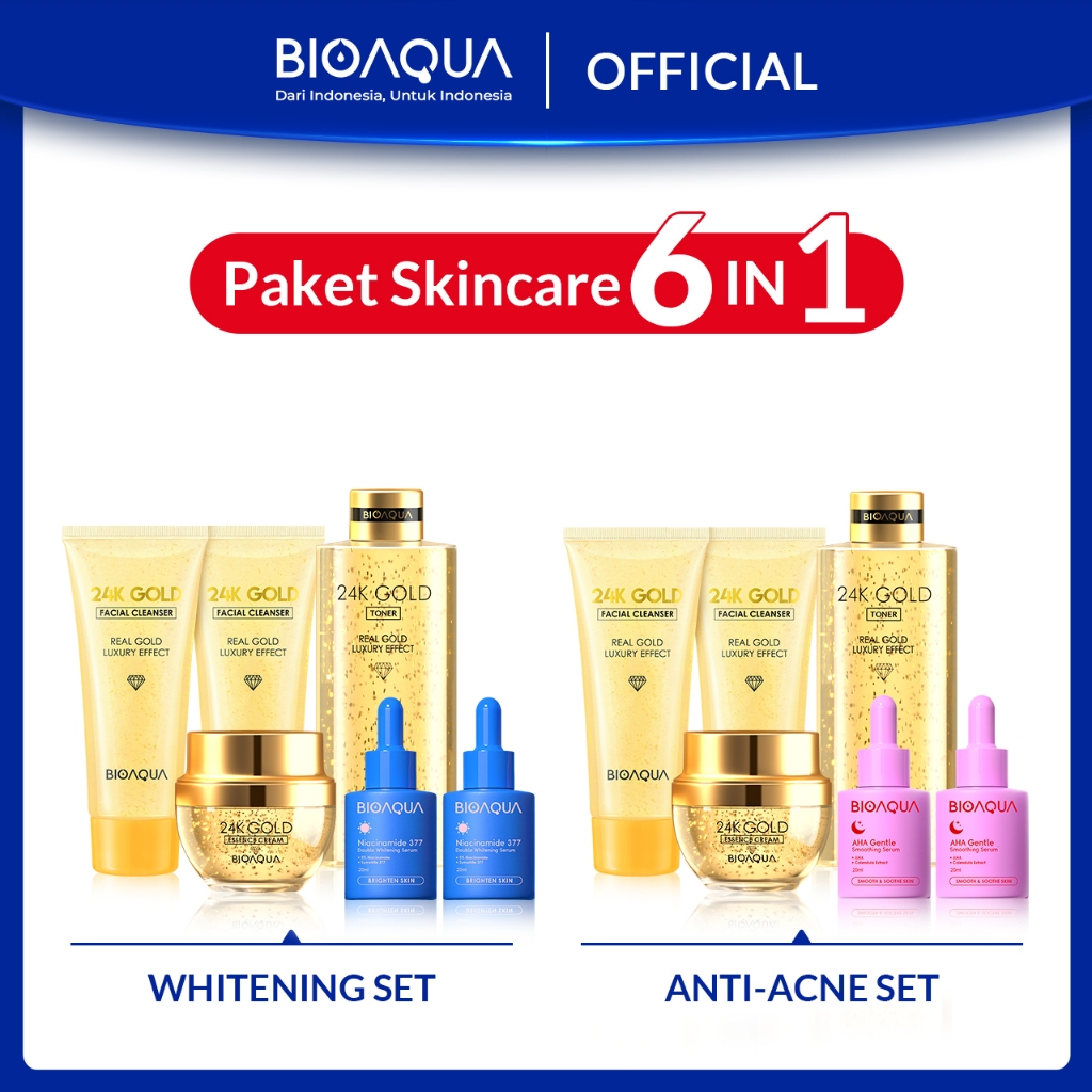 BIOAQUA 24K Gold Skincare Paket Anti aging Set 5 IN 1 With Brightening Serum Wajah / Acne Essence / 