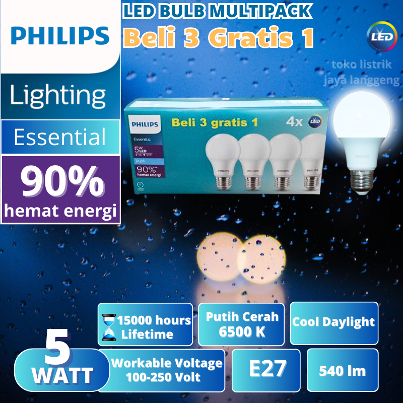 Lampu Philips LED Essential 5W Putih Philips 5 Watt Multipack Paket 3+1 Asli Bergaransi
