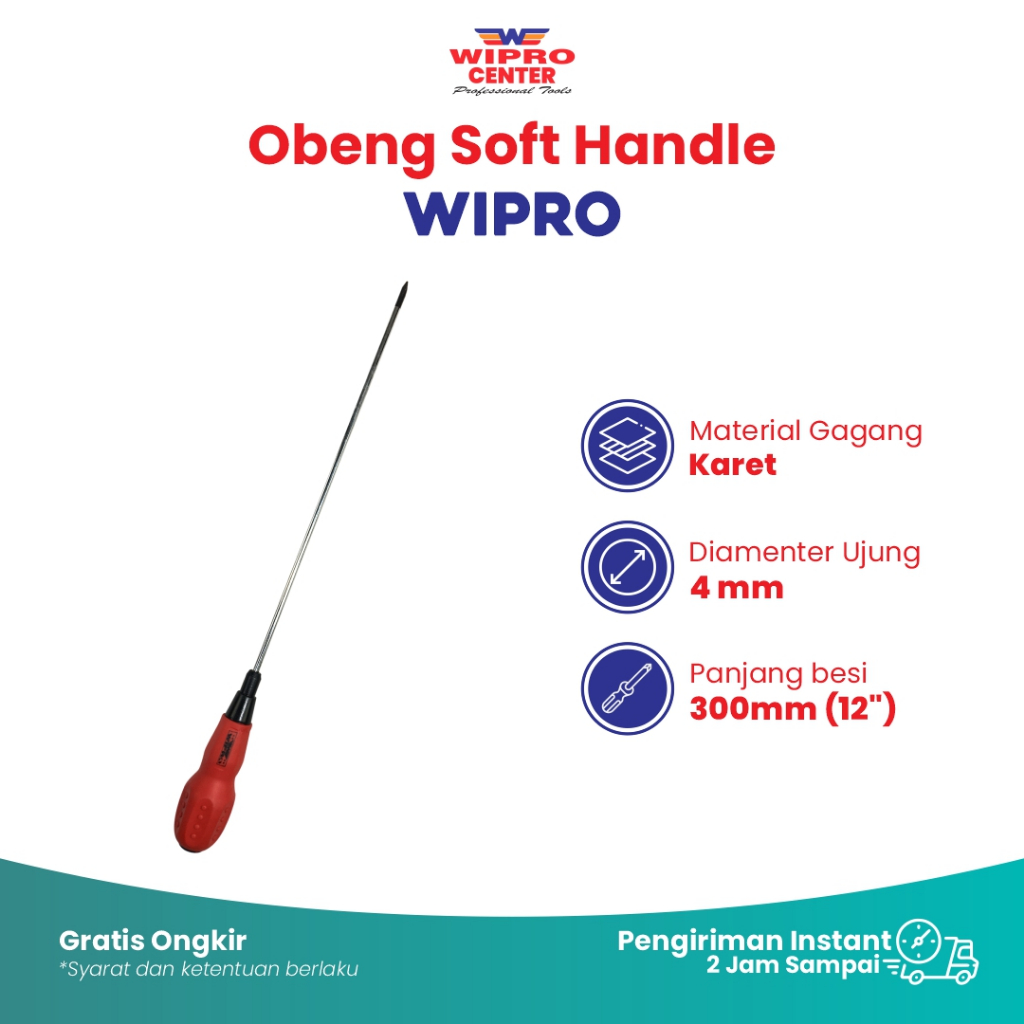 Obeng Panjang Plus Obeng Karet Merah / Obeng Soft Handle Wipro ST4 4x300 ( + ) Merah Wipro