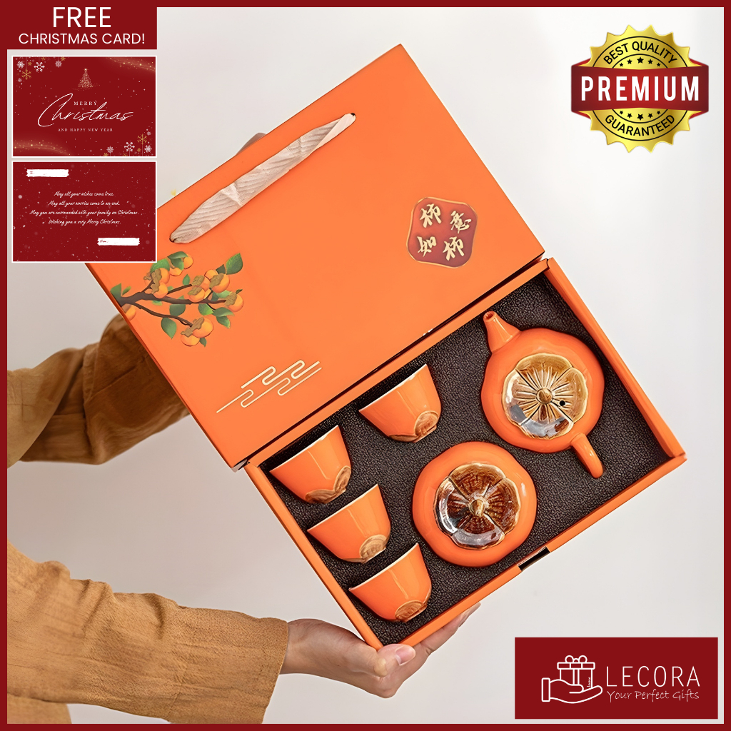 [TEASET by Lecora] Hampers Kado Hadiah Persimmon Orange Teaset, isi  4 cup + 1 teapot + 1 Wadah Teh,