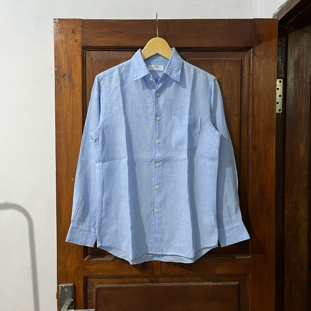 [S-M] Uniqlo Linen Cotton Shirt Long Sleeve I Light Blue I Vintage Vtg Retro Kemeja Garis-garis Salu