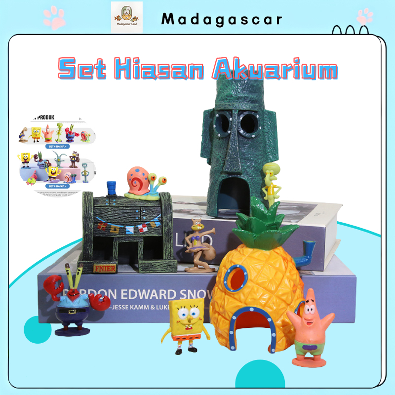 [MADA]Dekorasi Tangki Ikan - Hiasan Aquarium Paket Spongebob 40cm / Aquarium Melengkung / Aquascape.