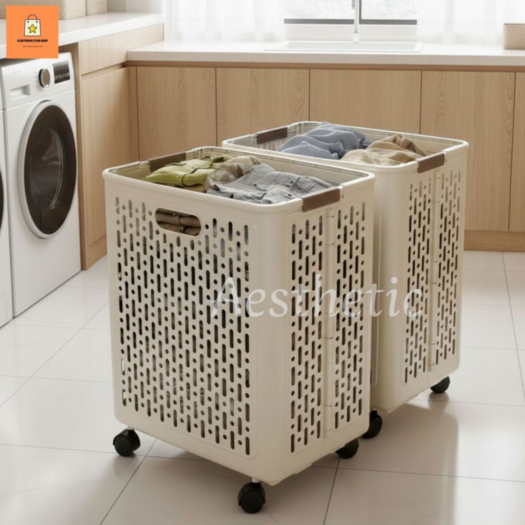 Keranjang Lipat Laundry Keranjang Cucian Baju Dengan Roda Laundry Basket Serbaguna