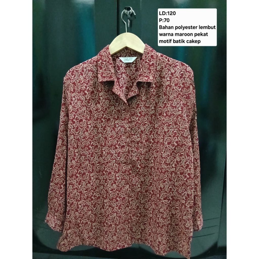 (COD)Atasan kemeja batik lengan panjang wanita oversize warna merah maroon