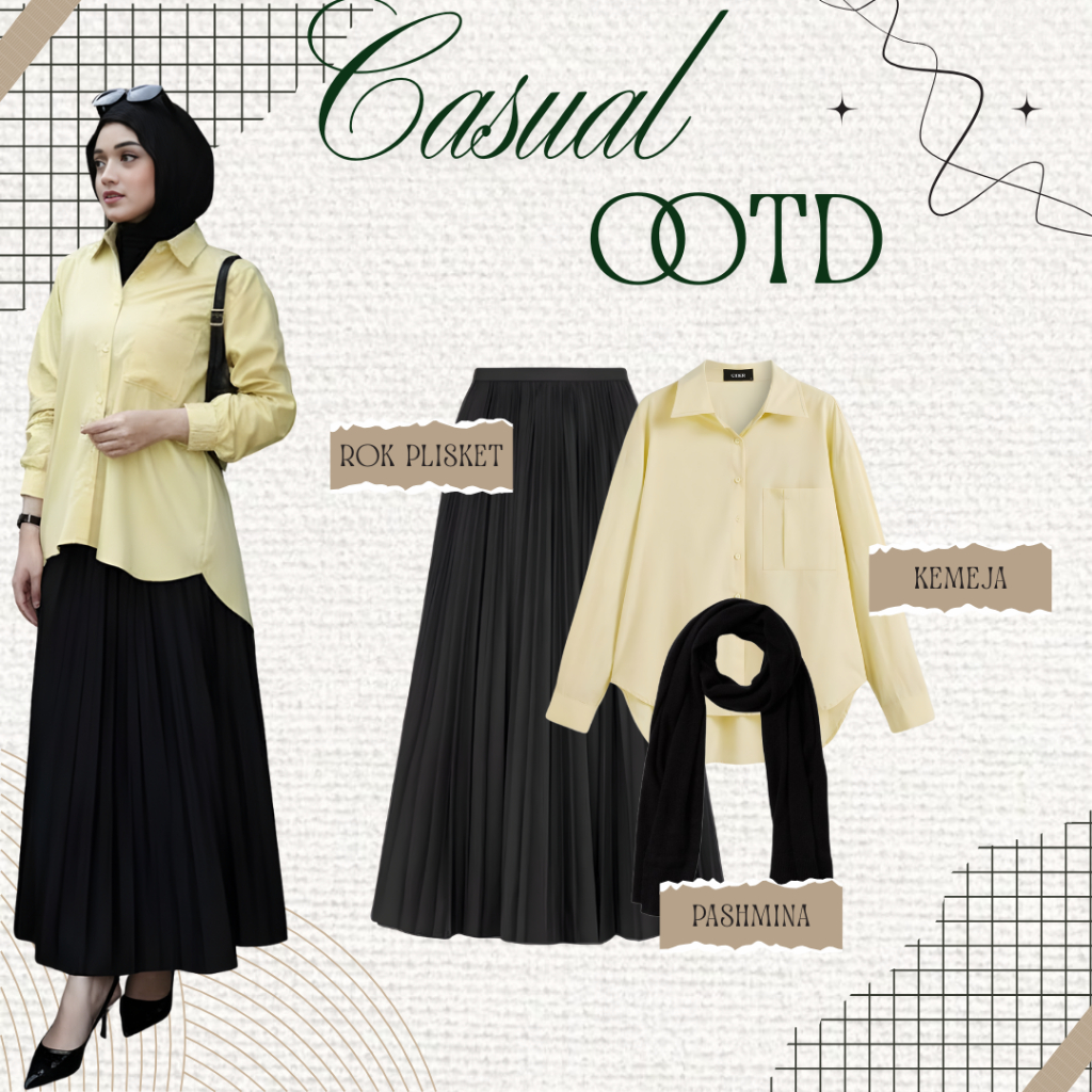 Anya Set outfit Casual ( Kemeja, Rok Plisket, Hijab ) Setelan OOTD Hijab Kekinian S25