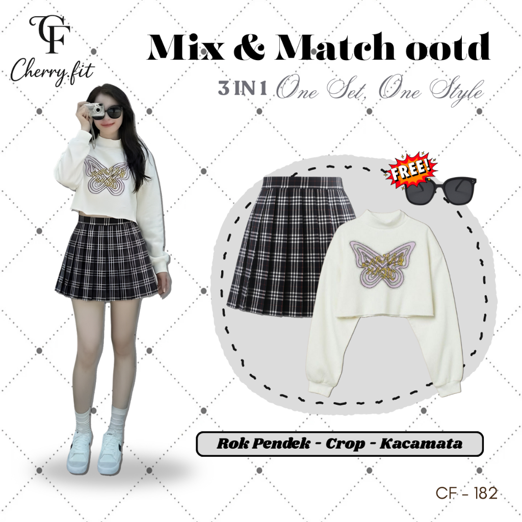 One Set Korean Style OOTD (Sweater Crop, Rok Pendek, free Kacamata) Setelan Wanita Kekinian Korea - 