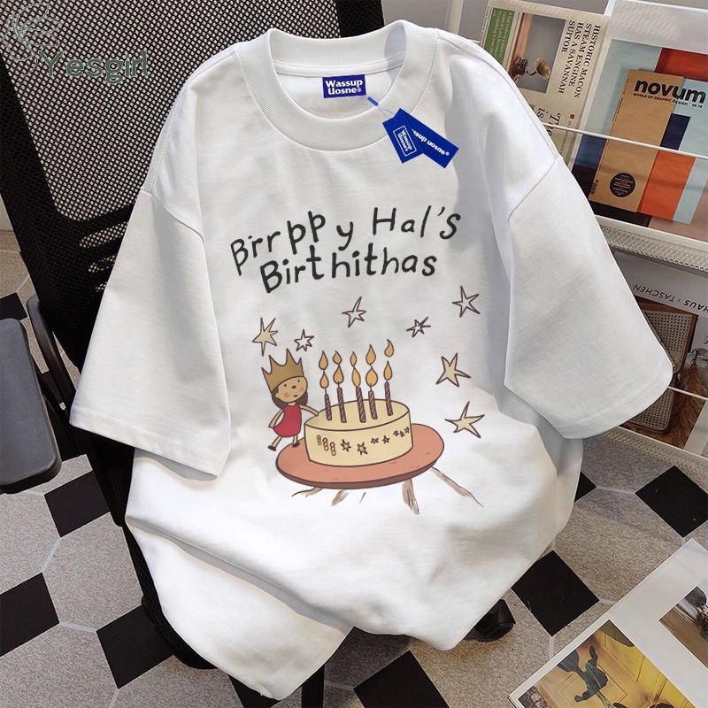 Yesgirl Korea style “kue ulang tahun” print kaos kasual longgar| Atasan wanita kekinian | Kaos overs