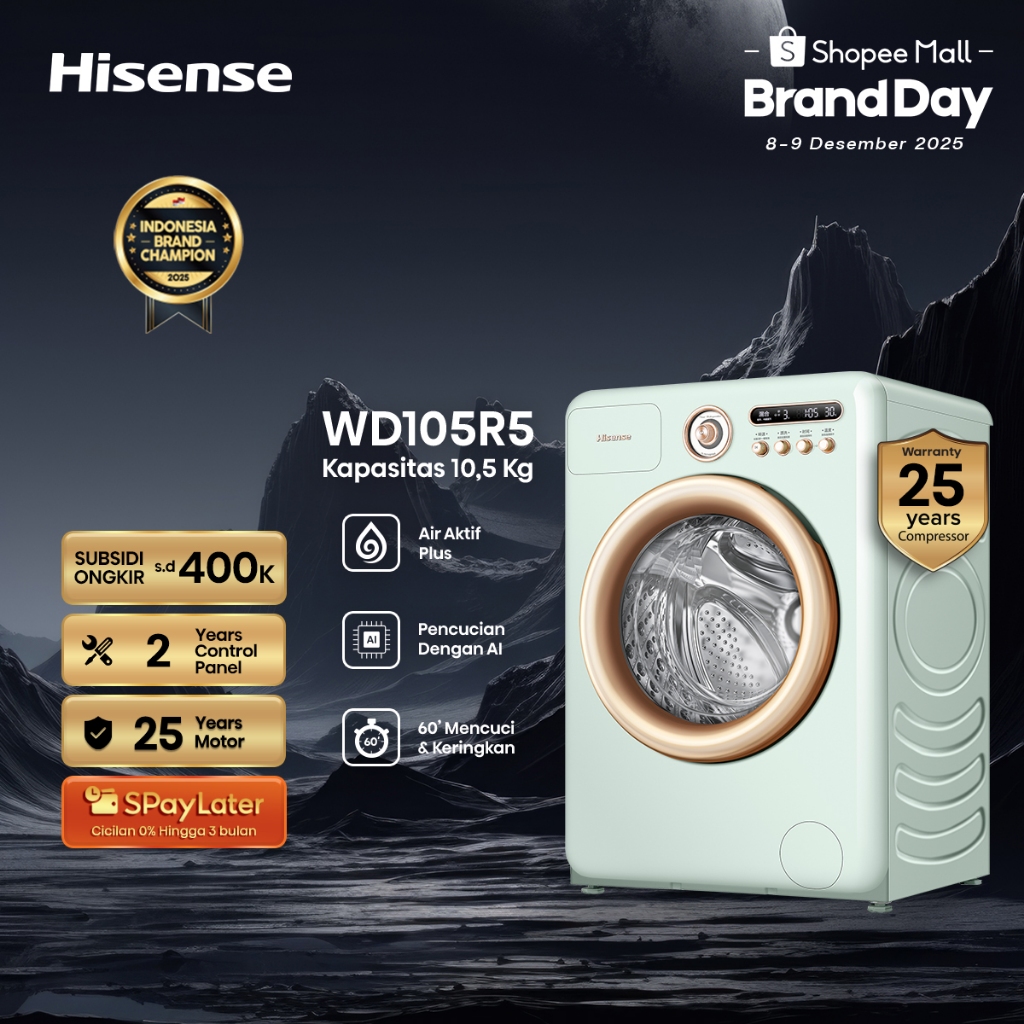 Hisense Mesin Cuci WD105R5 Front Loading Kapasitas 10.5KG 1 Tabung Bukaan Depan Active Water Plus (B