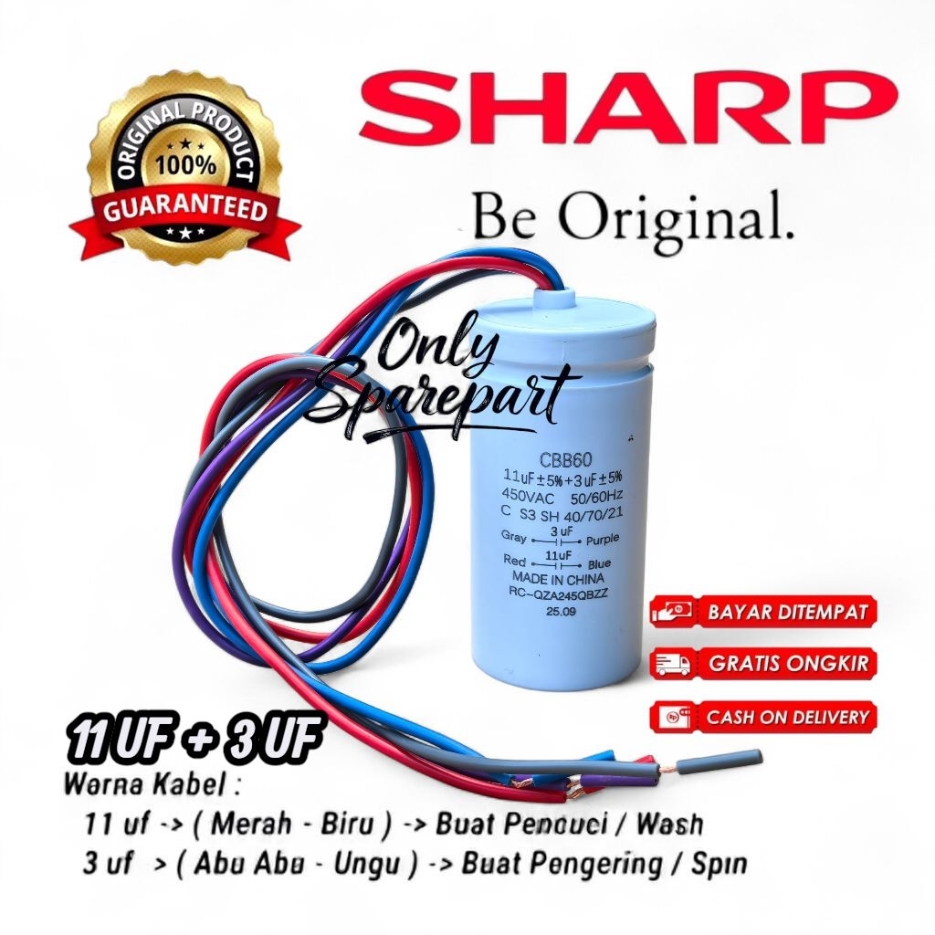 SHARP ES-T65M KAPASITOR 11+3 UF MESIN CUCI SHARP 2 TABUNG ORIGINAL