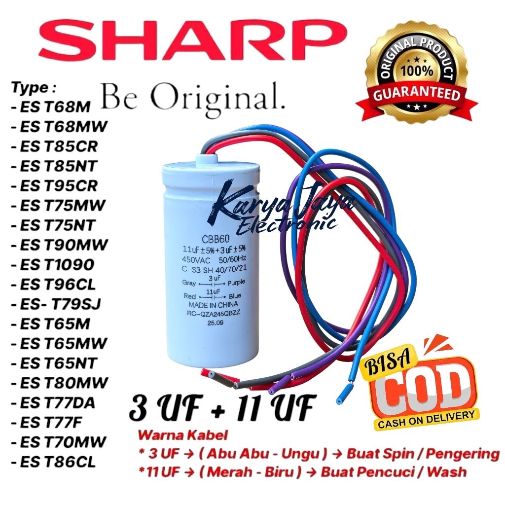 KAPASITOR MESIN CUCI SHARP 2 TABUNG 11UF + 3UF QUALITY / CAPASITOR SHARP 4 KABEL