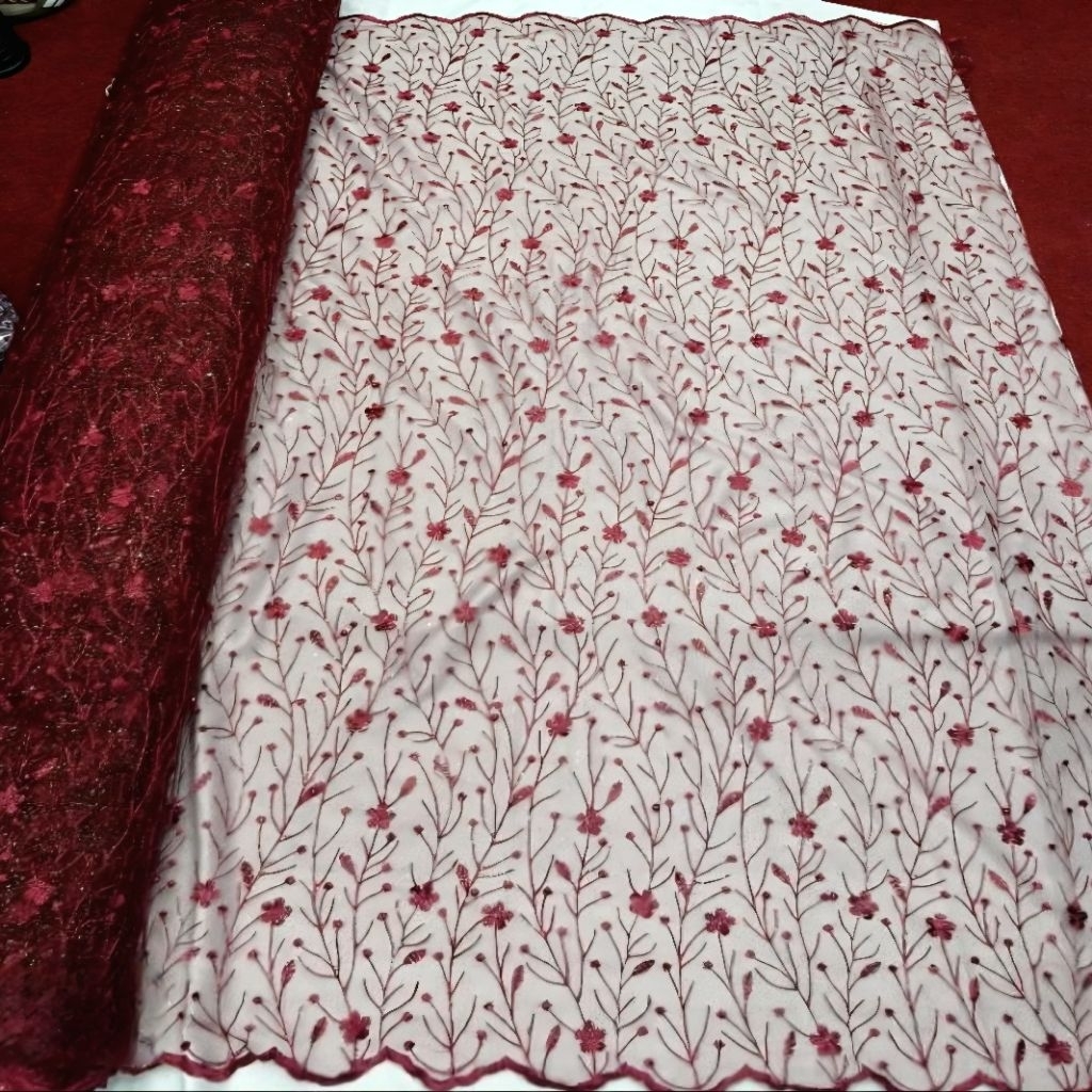 Bahan Kain Tile Mutiara Lace Bordir Pinggir Tulle Motif Bunga Menjalar