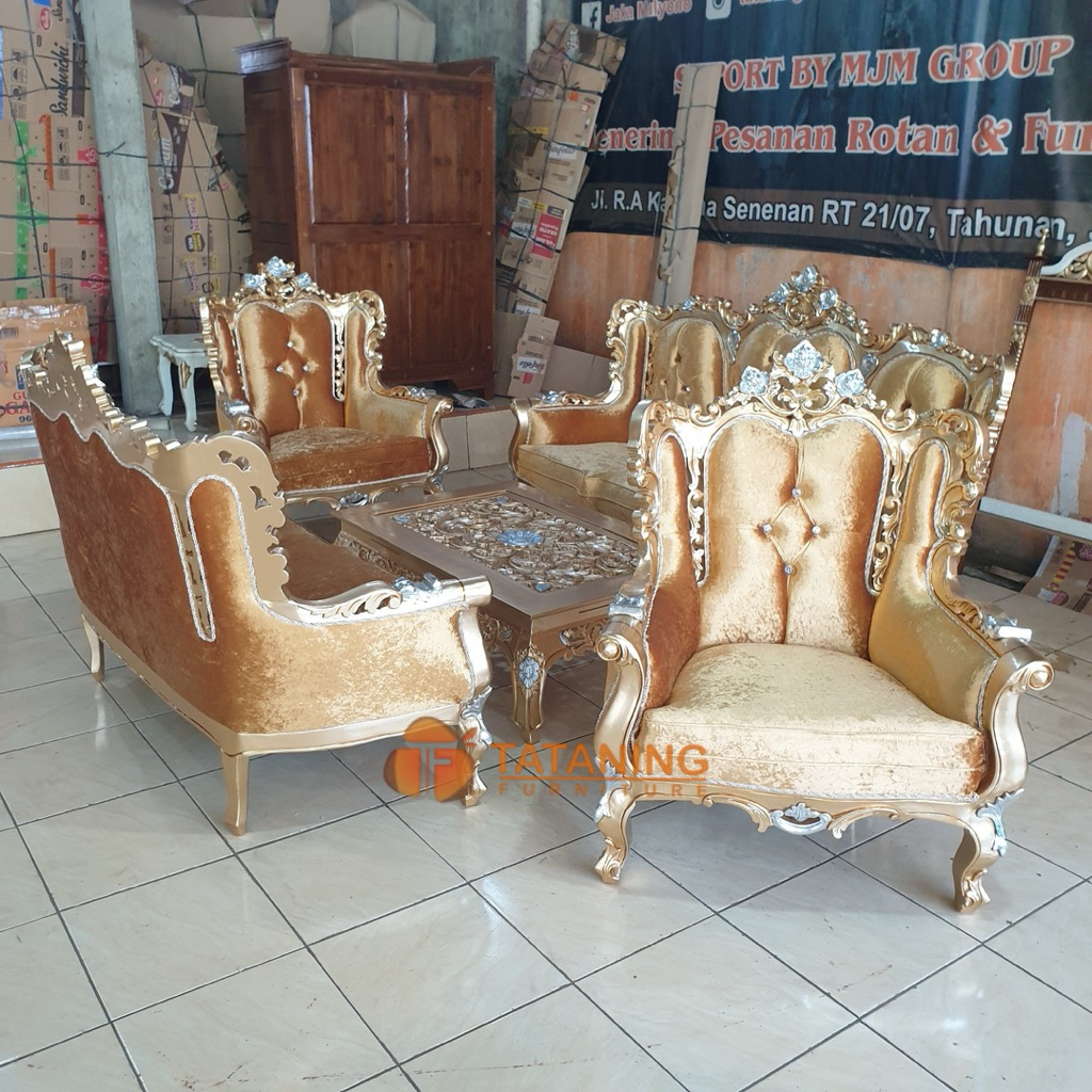 SOFA TAMU ROMAWI KAYU JATI FINISHING MEWAH KURSI MEJA UKIR  DEKORASI RUANG INTERIOR MURAH TATANING F
