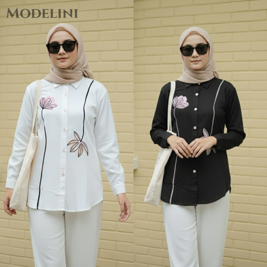 Kemeja Wanita Rayon Twill Motif Bordir Bunga | Atasan Kemeja Rayon Twill | SHEILA SHIRT – MODELINI