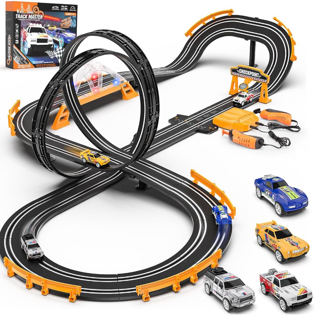 Slot Car Race Track Sets with 4 Slot Cars, Electric Race Car Track Include Slope Circular