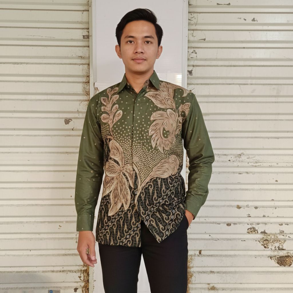 Batik Pria Lengan Panjang Katun Signature Reguler  - Seragam Batik Pria Kantor Dan Pesta - Hijau Arm