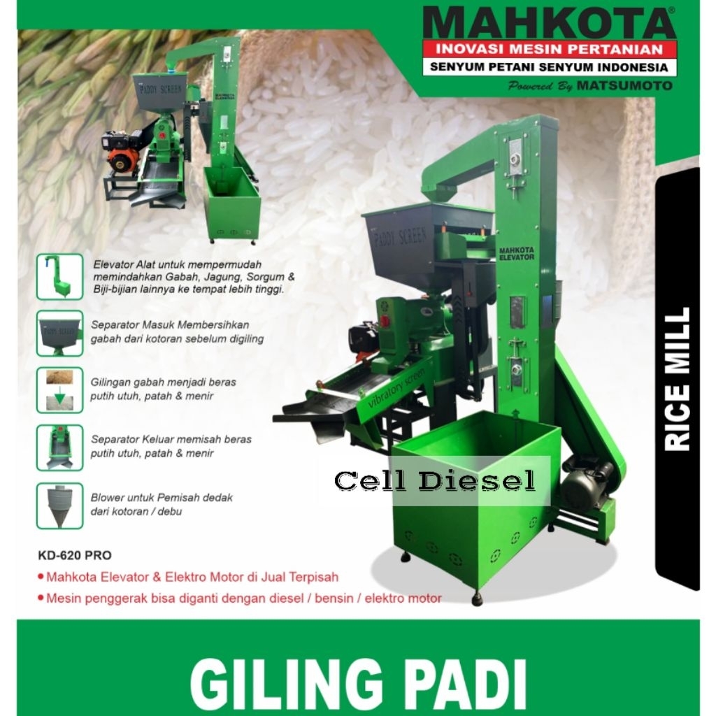 Mesin Giling Padi Kapasitas Besar MAHKOTA KD 620 PRO + Elevator