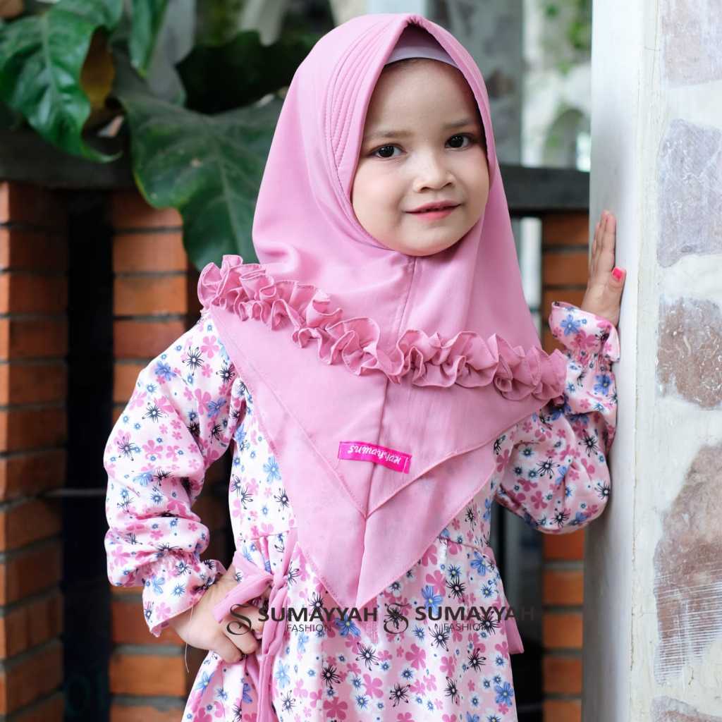 Gamis Dress Sumayah Anak Syar'i Set Plus hijab 2 Layer Motif Bunga Bahan Shakila Mix Ceruty Babydoll