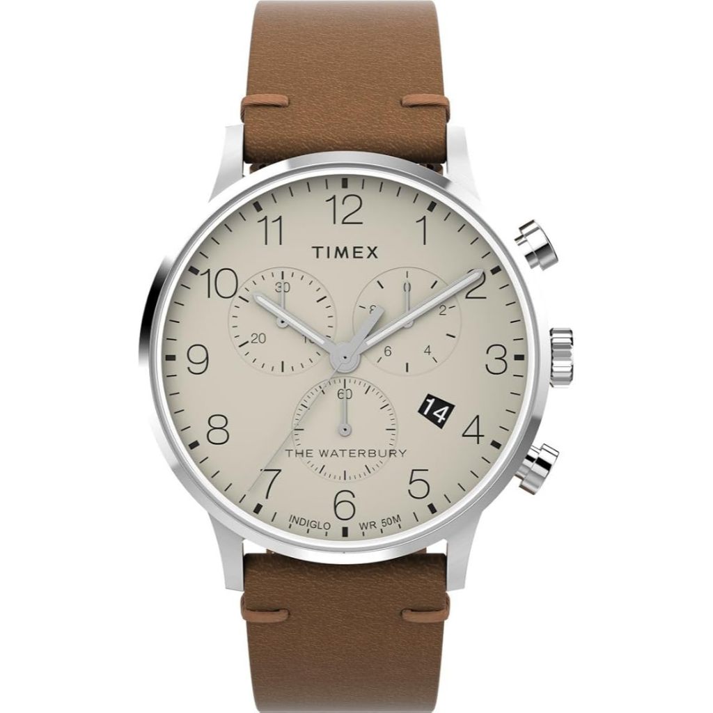 Jam Tangan Pria Timex The Waterbury Chronograph Beige Dial Brown Leather Strap TW2W50900 Original