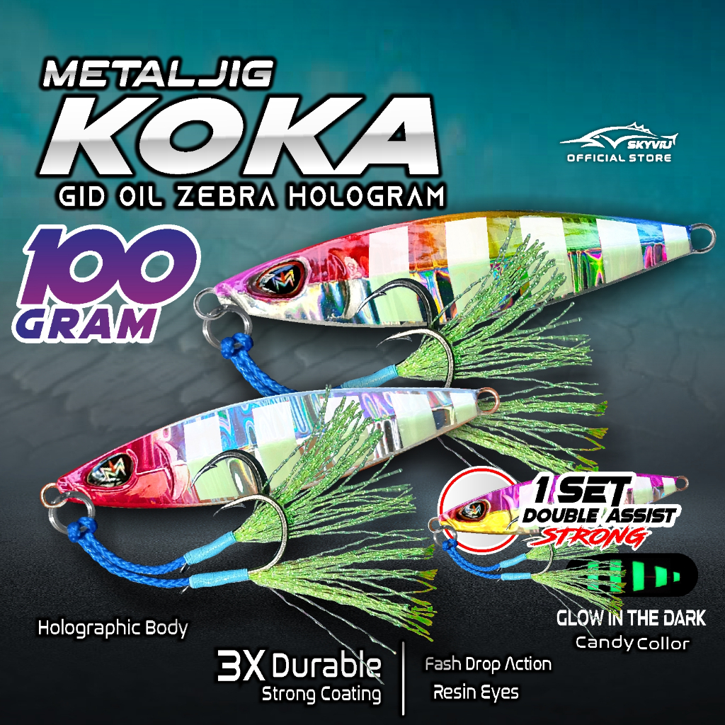 Metal Jig 100gram SKYVIU KOKA Hologram Minyak GID Zebra UV 1 Set Set Double Assist Hook Umpan Jiggin