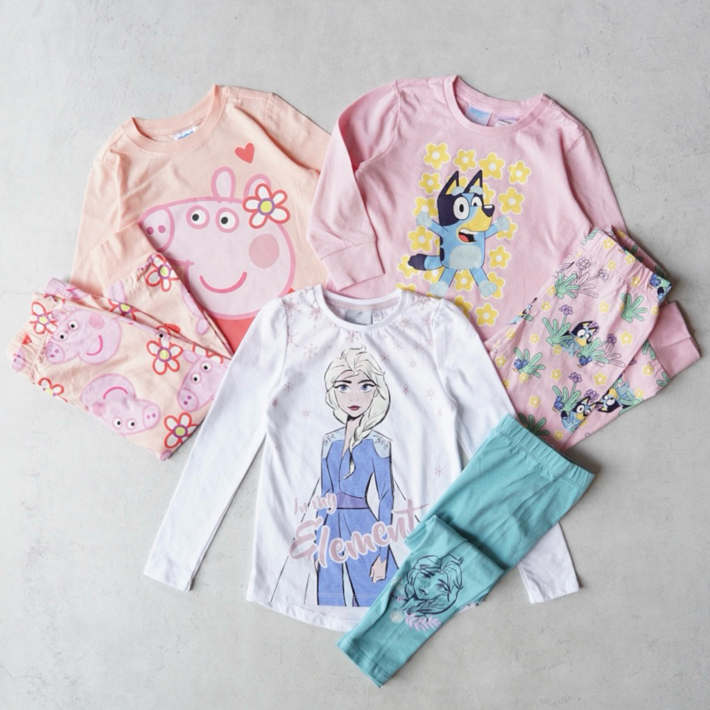 Elsa Frozen, Blu*y & Peppa Pig Kids Long PJ Set | size 2-12y | white pink peach | pakaian setelan ba
