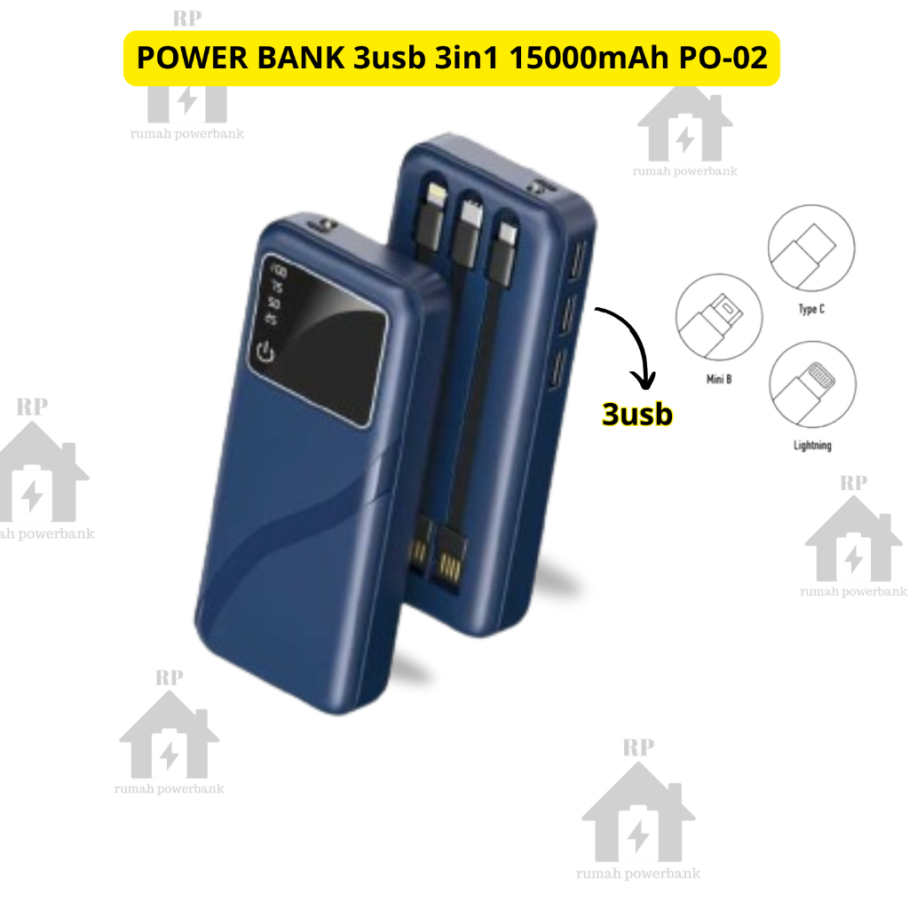 POWERBANK 3usb 3IN1 15000mAh PO-02 Free kabel + Pack /Power Bank 3usb Led  Display Portable