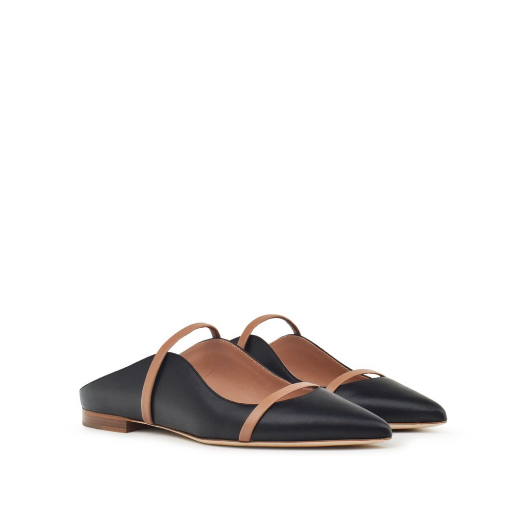 (NEW) Malone Souliers Maureen Black & Blush Leather Flat Mules