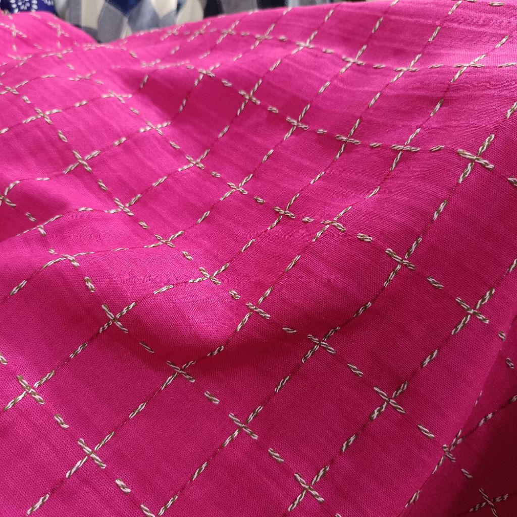 bahan kain cotton linen embordire kotak harga per 0,5 meter / setengah meter