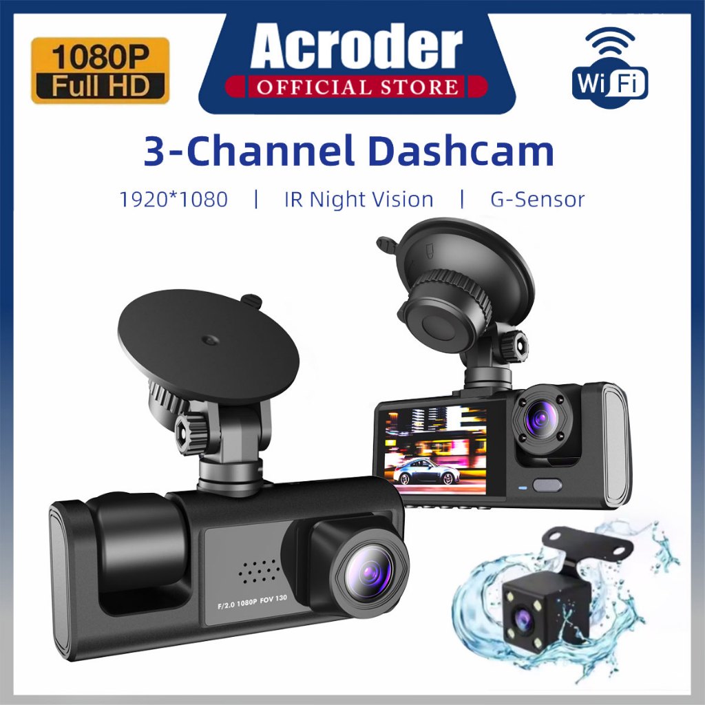 Acroder Dashcam Wifi 1080P HD 3 Lens Night Vision 24 Hour Loop Recording Motion Detection