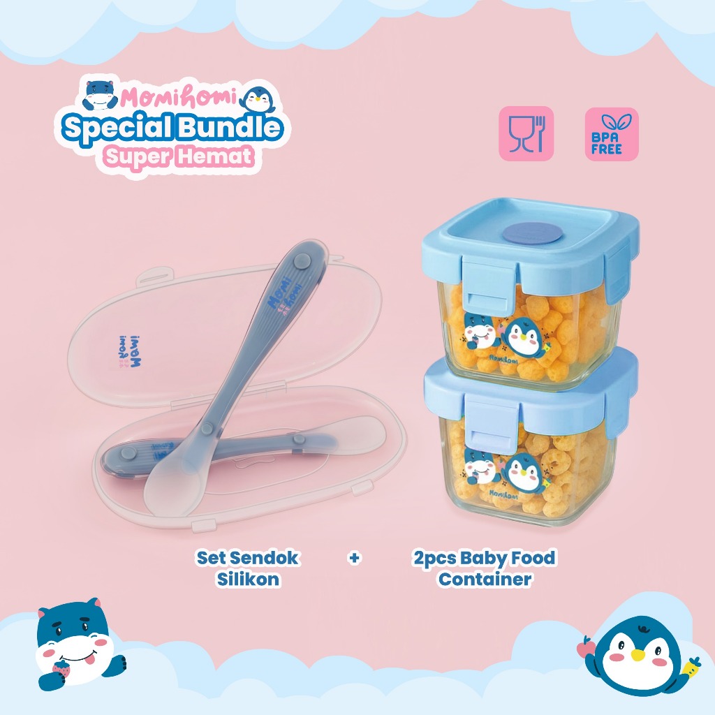 MOMI HOMI SUPER HEMAT Bundle MPASI Bayi 2 Food Container Kaca + Set Sendok Silikon | Wadah Makan Bay
