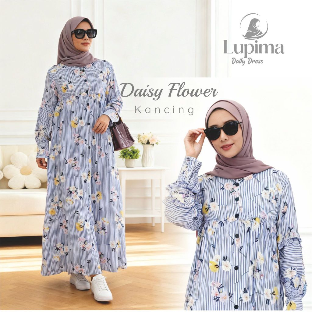 Daisy Flower kancing – Dress Rayon Muslimah Kekinian – Motif Bunga – All Size – Adem & Ringan Lupima