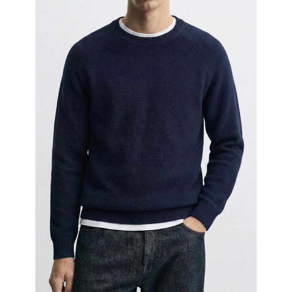 UNIQLO MEN WAFFLE TEXTURED JUMPER KNIT SWEATER - NAVY (L)