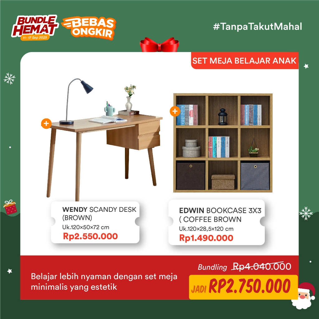 iFURNHOLIC - SET MEJA BELAJAR ANAK - WENDY SCANDY DESK  - EDWIN BOOKCASE 3X3 - MEJA KERJA - RAK BUKU