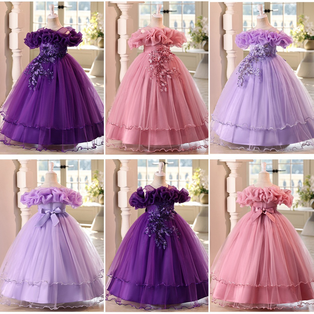 GAUN PESTA ANAK BAHAN TILE 4-12 TH/ GAUN PESTA ANAK PREMIUM WARNA LILAC / SULTAN SELAYAR